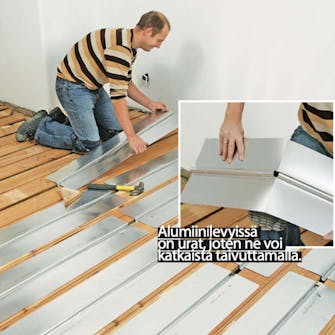 Lattialämmitys puulattiaan: Levitä lämmönjakolevyt tasaisesti lattialle Lattialämmitys puulattiaan: Levitä lämmönjakolevyt tasaisesti lattialle